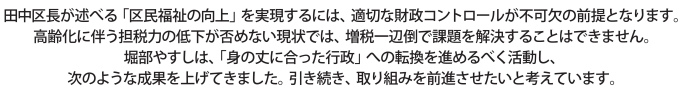 田中区長が述べる「区民福祉の向上」を実現するには、適切な財政コントロールが不可欠の前提となります。高齢化に伴う担税力の低下が否めない現状では、増税一辺倒で課題を解決することはできません。堀部やすしは、「身の丈に合った行政」への転換を進めるべく活動し、次のような成果を上げてきました。引き続き、取り組みを前進させたいと考えています。