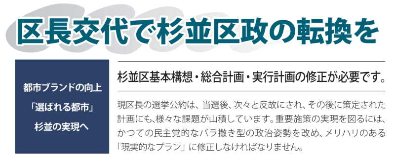 基本姿勢・重点政策「区長交代で杉並区政の転換を」 基本姿勢・重点政策「区長交代で杉並区政の転換を」